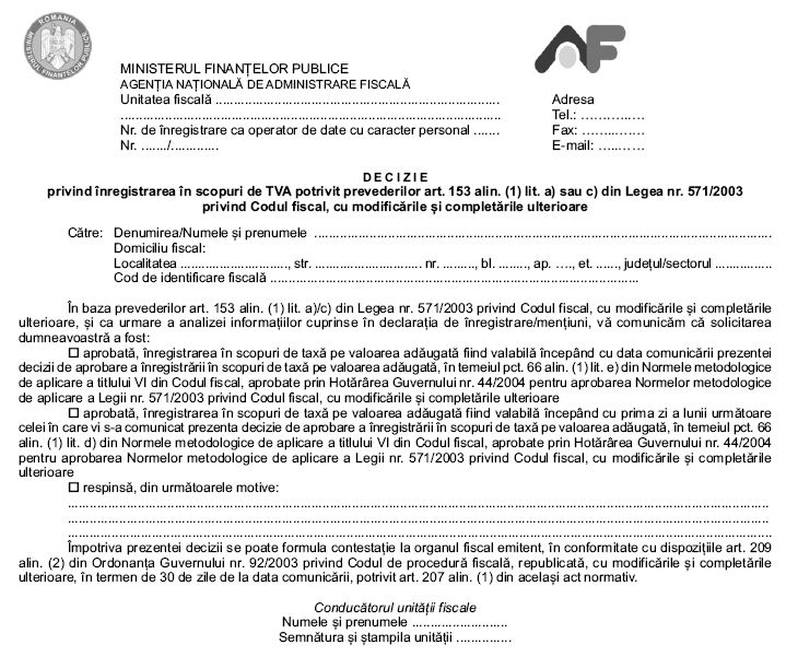 Ordinul Anaf Nr 1967 2011 Publicat In M Of Inregistrarea In Scopuri De Tva Valabila Doar Dupa Ce Fiscul Emite O Decizie In Acest Sens